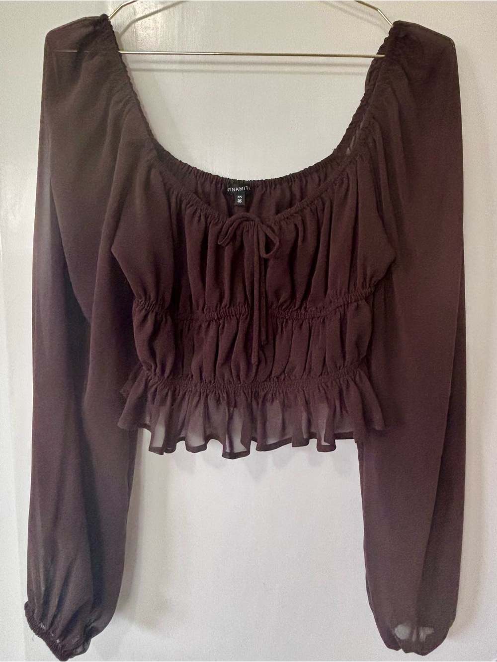 Dynamite| Feminine Brown Smocked Sheer Crop Peasant Blouse Sz S